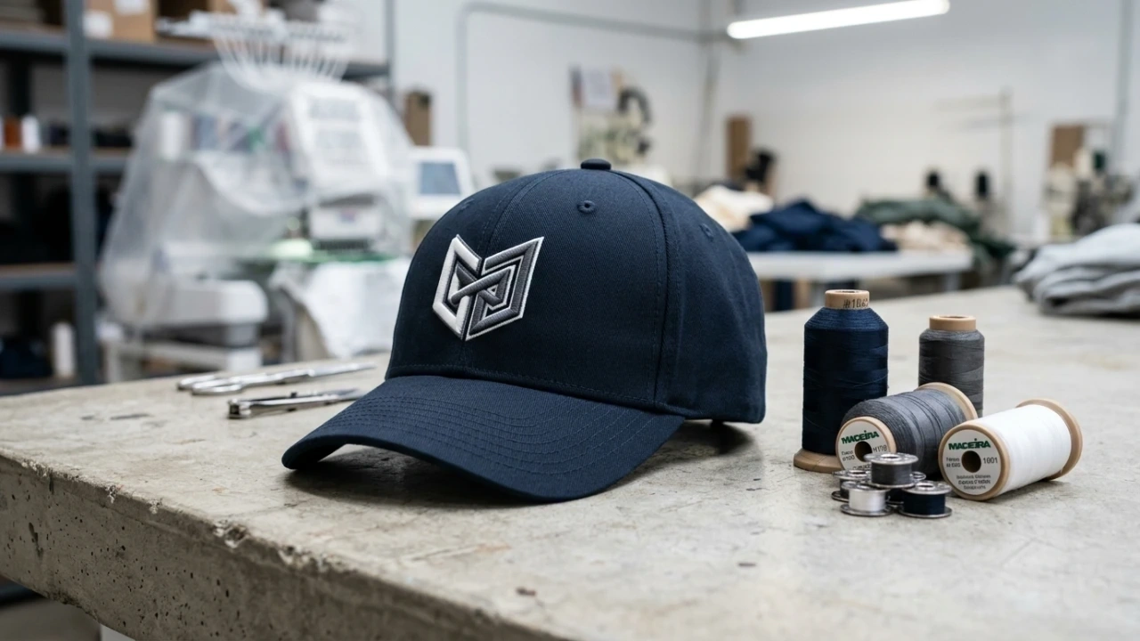 Bestickte Cap mit 3D-Puff-Logo auf Werkstatt-Tisch neben Garnrollen