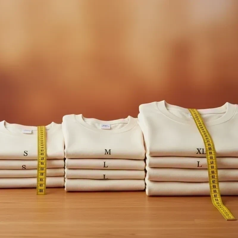 Maßband auf gestapelten T-Shirts in verschiedenen Größen