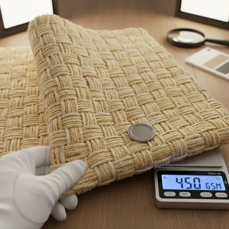 Schwerer Baumwollstoff mit sichtbarer Webstruktur auf Waage