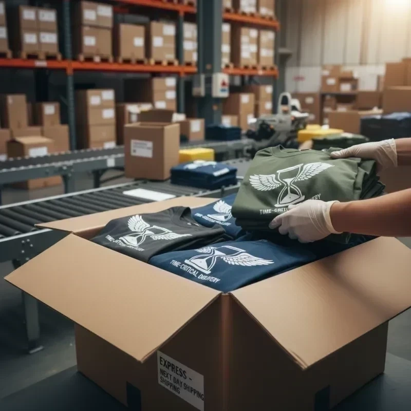 Versandkarton wird mit bedruckten T-Shirts gepackt