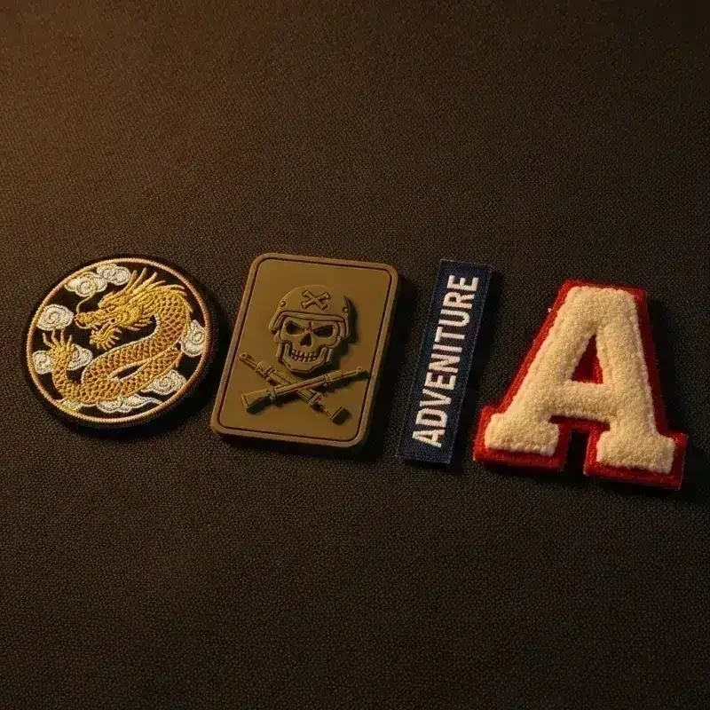 Verschiedene Patch-Typen — gestickt, PVC, gewebt, Chenille