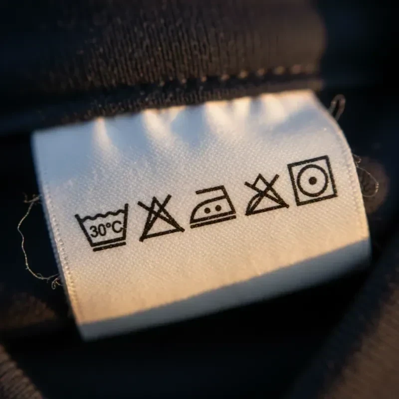 Pflegeetikett mit Waschsymbolen in Textilkragen