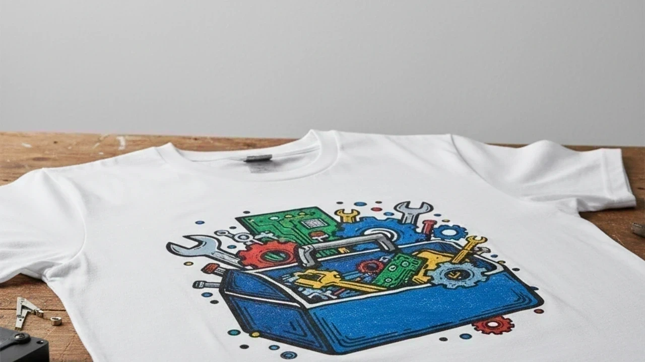 T-Shirt mit mehrfarbigem DTF-Transferdruck auf Werkstatt-Tisch