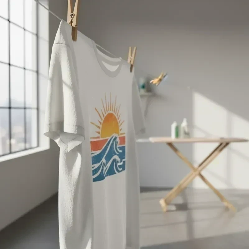 Bedrucktes T-Shirt hängt nach dem Waschen auf der Wäscheleine — langlebiger DTF-Druck bleibt kräftig