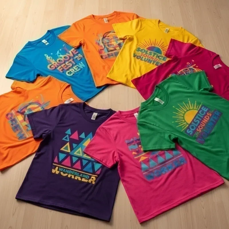 Bunte Event-Crew-Shirts mit DTF-Druck in Fächeranordnung