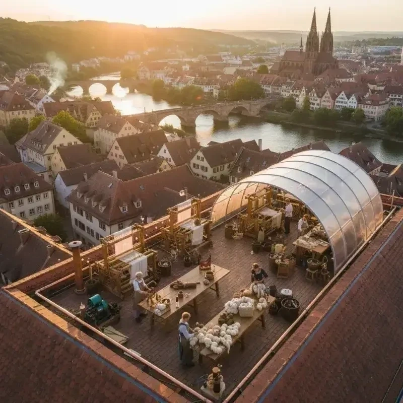 Regensburger Altstadt mit Textilwerkstatt im Vordergrund