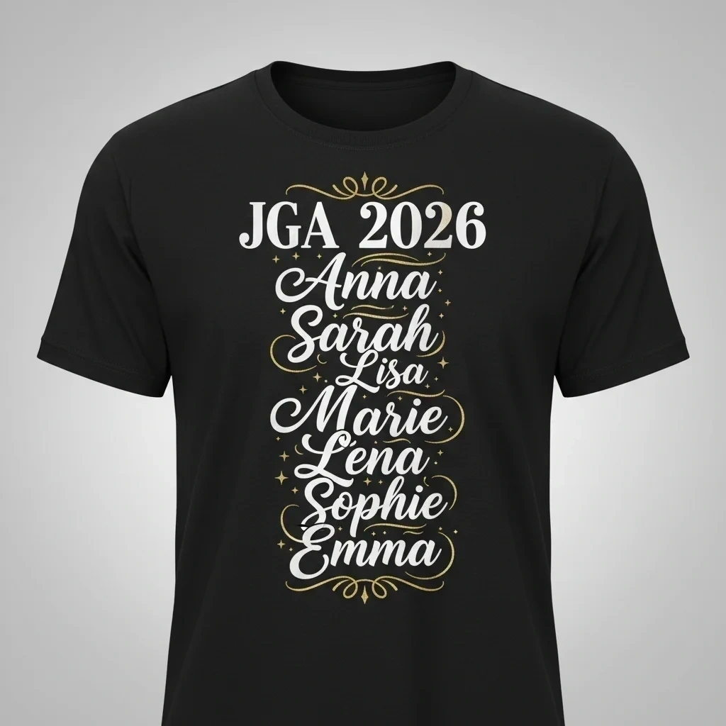 JGA-Shirt mit Namensliste aller Teilnehmer — DTF-Druck Siluri Clothing Regensburg